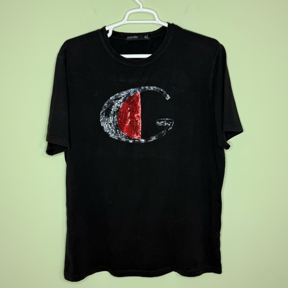 Hudson black red sequin sparkle gangster mens t shirt 2X streetwear grunge